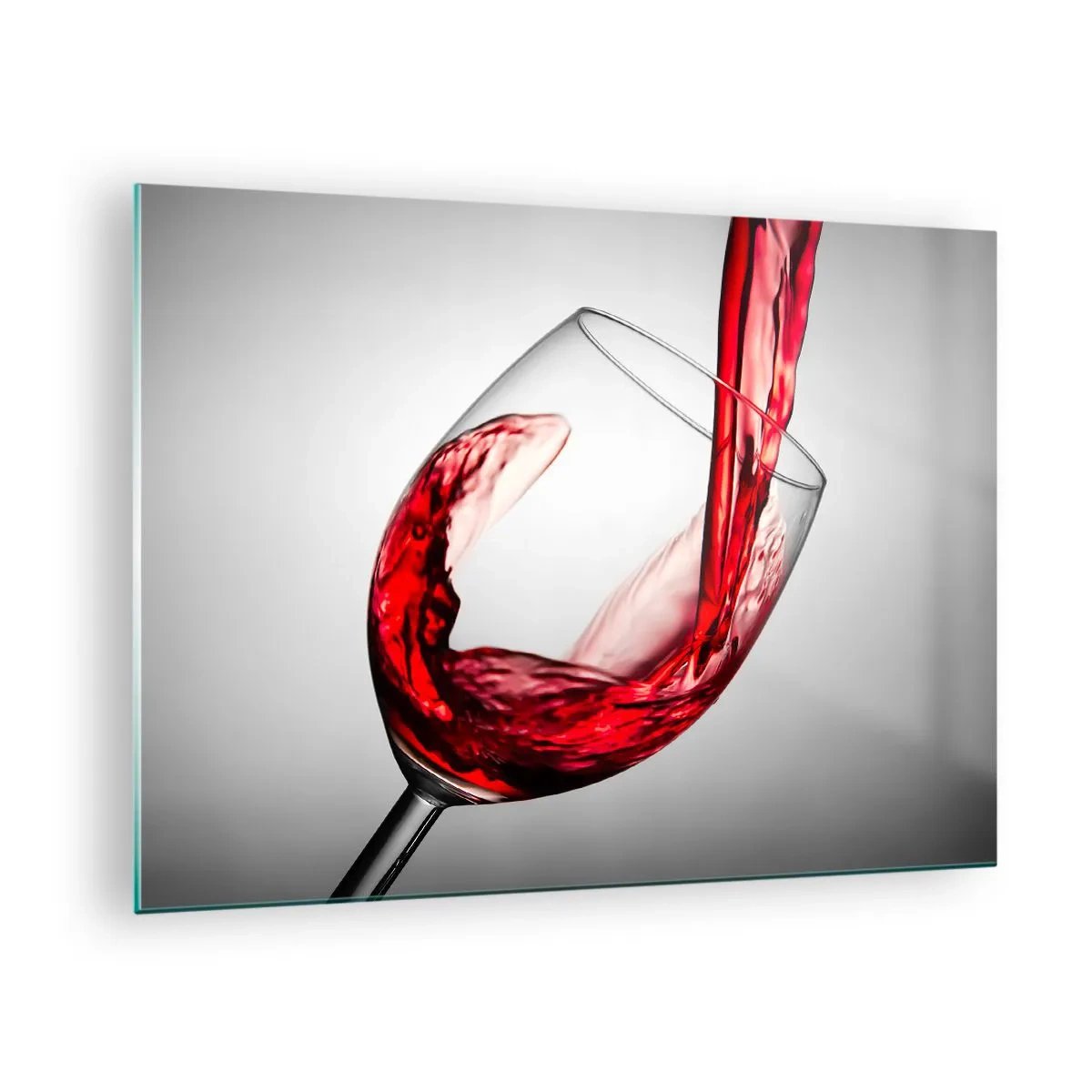 Quadro su vetro - Vino rosso versato in un bicchiere su uno sfondo chiaro - 70x50cm - Colore - movimento - suono - Decorazione murale moderna per soggiorno e camera da letto ARTTOR