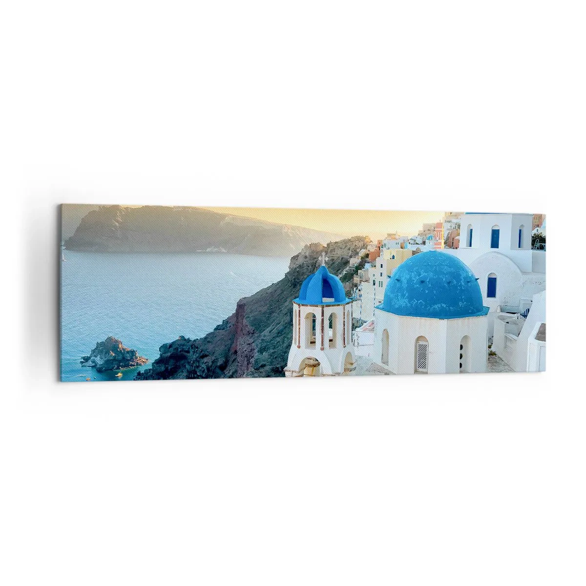 Quadro su tela - Stampe su Tela - Vista di Santorini con edifici bianchi e mare blu - 160x50cm - Santorini: aggrappate alle rocce - Decorazione murale moderna per soggiorno e camera da letto ARTTOR