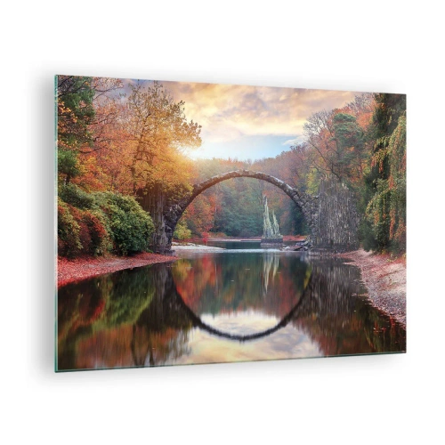 Quadro su vetro - Un ponte di pietra riflesso in un lago in mezzo a una foresta autunnale - 70x50cm - Dall'altro lato dello specchio - Decorazione murale moderna per soggiorno e camera da letto ARTTOR