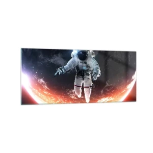 Quadro su vetro - Un astronauta che fluttua sopra una Terra illuminata dal sole - 120x50cm - Posso restare ancora un po'? - Decorazione murale moderna per soggiorno e camera da letto ARTTOR