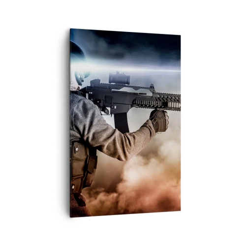 Quadro su tela - Stampe su Tela - Un soldato in azione con un fucile su uno sfondo di nuvole e luci. - 80x120cm - Semplicemente un eroe - Decorazione murale moderna per soggiorno e camera da letto ARTTOR