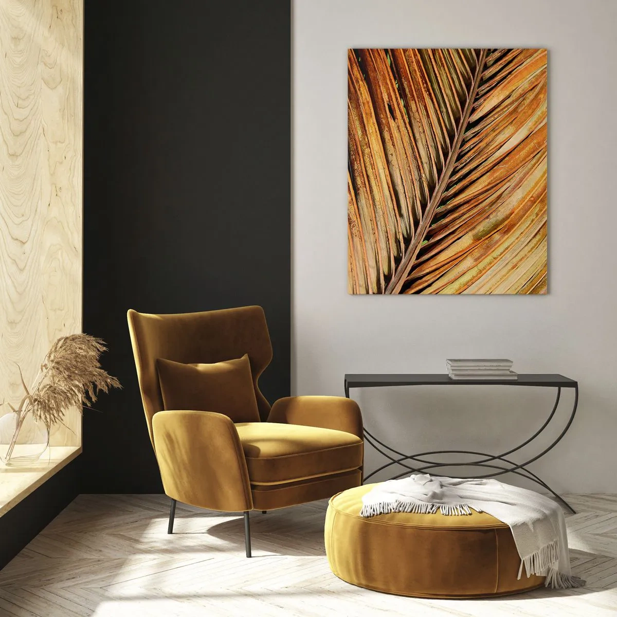 Quadro su vetro - Primo piano di foglie di palma secche e dorate - 50x70cm - Oro di cocco - Decorazione murale moderna per soggiorno e camera da letto ARTTOR