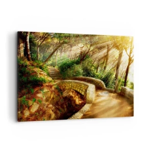 Quadro su tela - Stampe su Tela - Paesaggio forestale con raggi di sole e un ponte di pietra - 100x70cm - Dal ponte direttamente nel bosco delle fiabe - Decorazione murale moderna per soggiorno e camera da letto ARTTOR