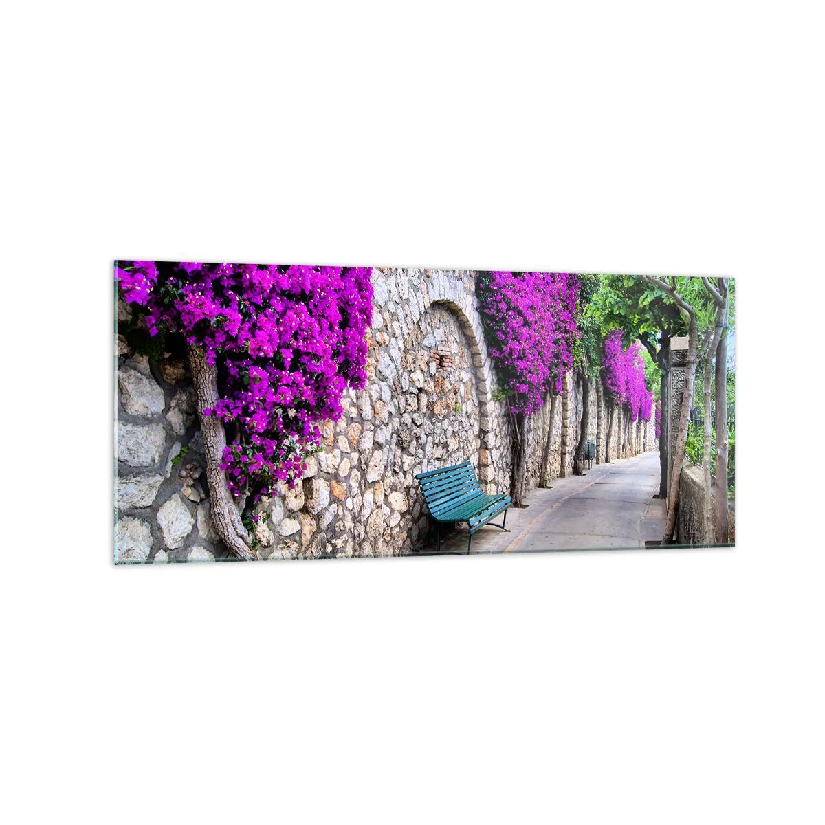 Quadro su vetro - Un sentiero in pietra con una panchina e fiori viola in fiore - 120x50cm - Incontriamoci al più presto - Decorazione murale moderna per soggiorno e camera da letto ARTTOR