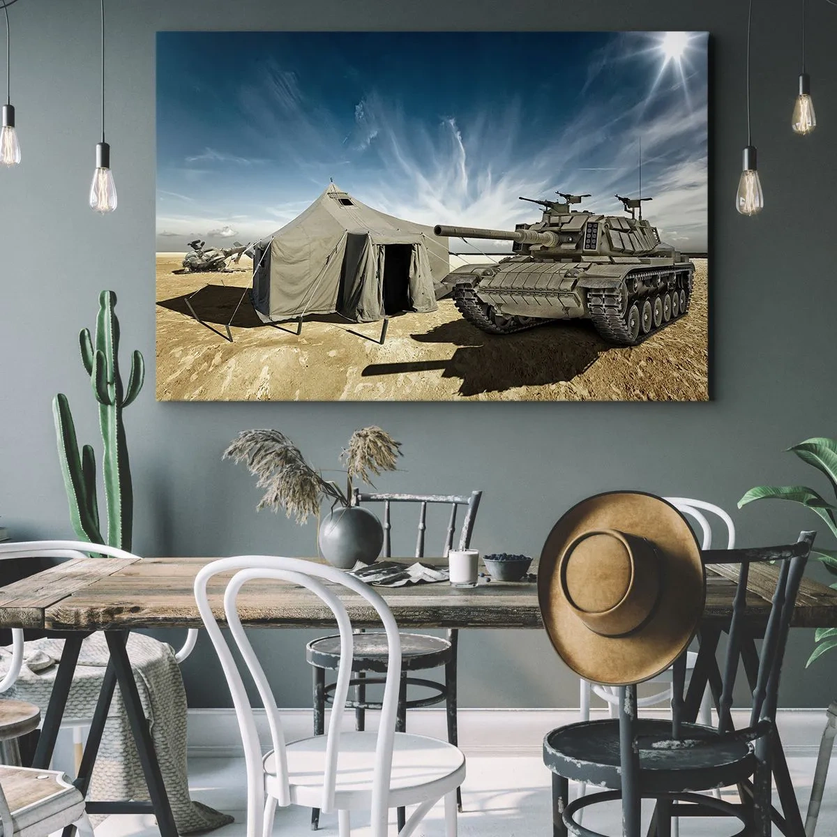 Quadro su tela - Stampe su Tela - Un carro armato accanto a una tenda militare in una zona desertica - 100x70cm - Sogno militare - Decorazione murale moderna per soggiorno e camera da letto ARTTOR