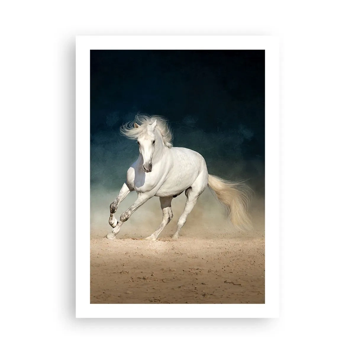 Poster - Un cavallo bianco che galoppa sul terreno sabbioso - 50x70cm - Libertà allo stato puro - Decorazione murale moderna per soggiorno e camera da letto ARTTOR