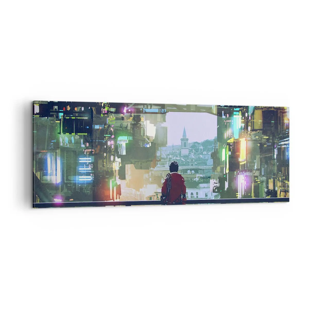 Quadro su tela - Stampe su Tela - Una figura in una città futuristica con luci al neon - 140x50cm - Due mondi - Decorazione murale moderna per soggiorno e camera da letto ARTTOR