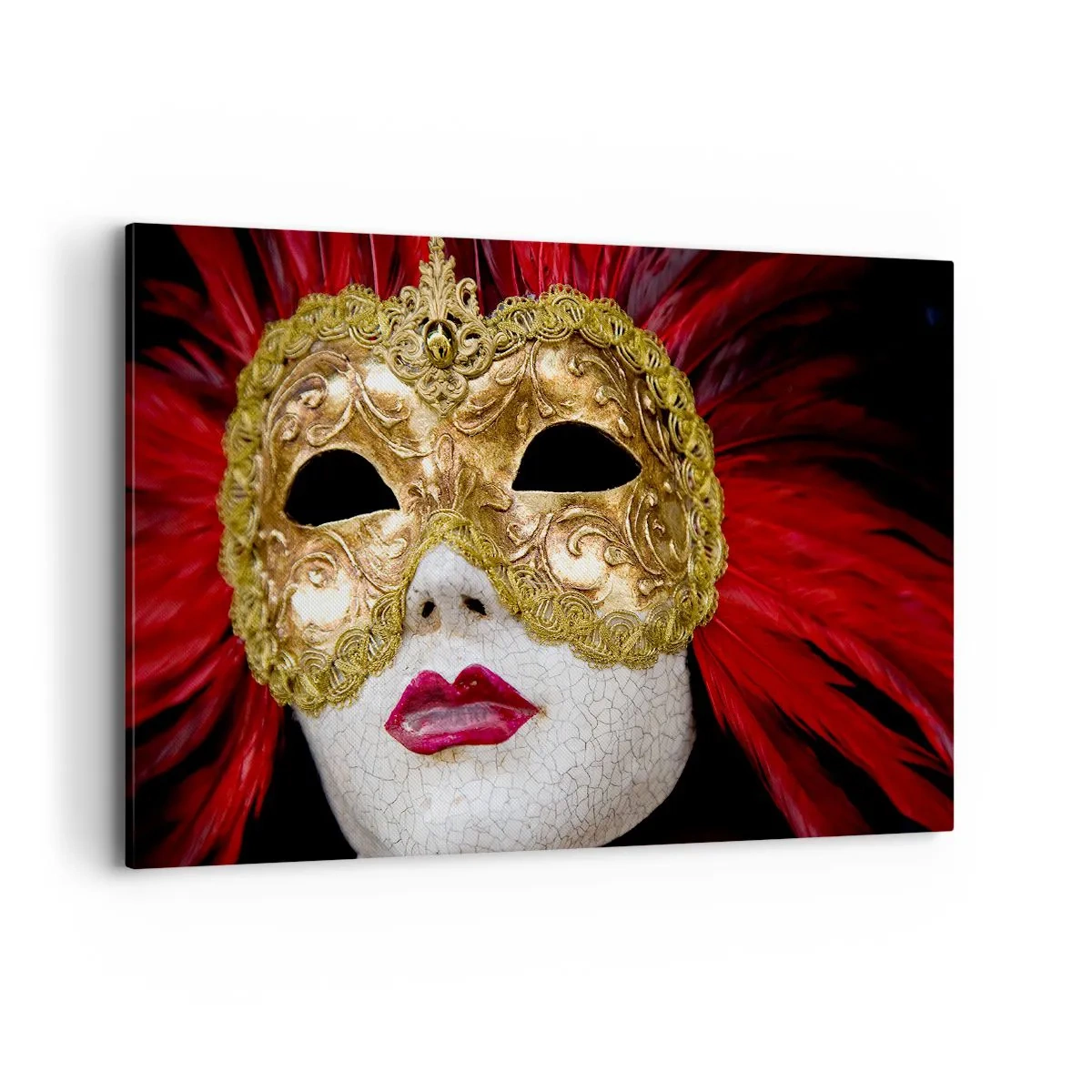 Quadro su tela - Stampe su Tela - Maschera veneziana dorata con piume rosse - 120x80cm - La promessa di un'avventura di carnevale - Decorazione murale moderna per soggiorno e camera da letto ARTTOR