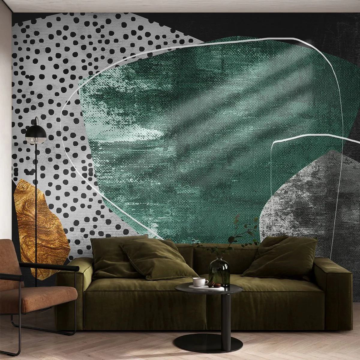 Fotomurali Premium Sand - Forme geometriche verdi e dorate su sfondo nero e grigio - 100x70cm - Astrazione colorata con petalo d'oro - Decorazione murale moderna per soggiorno e camera da letto ARTTOR