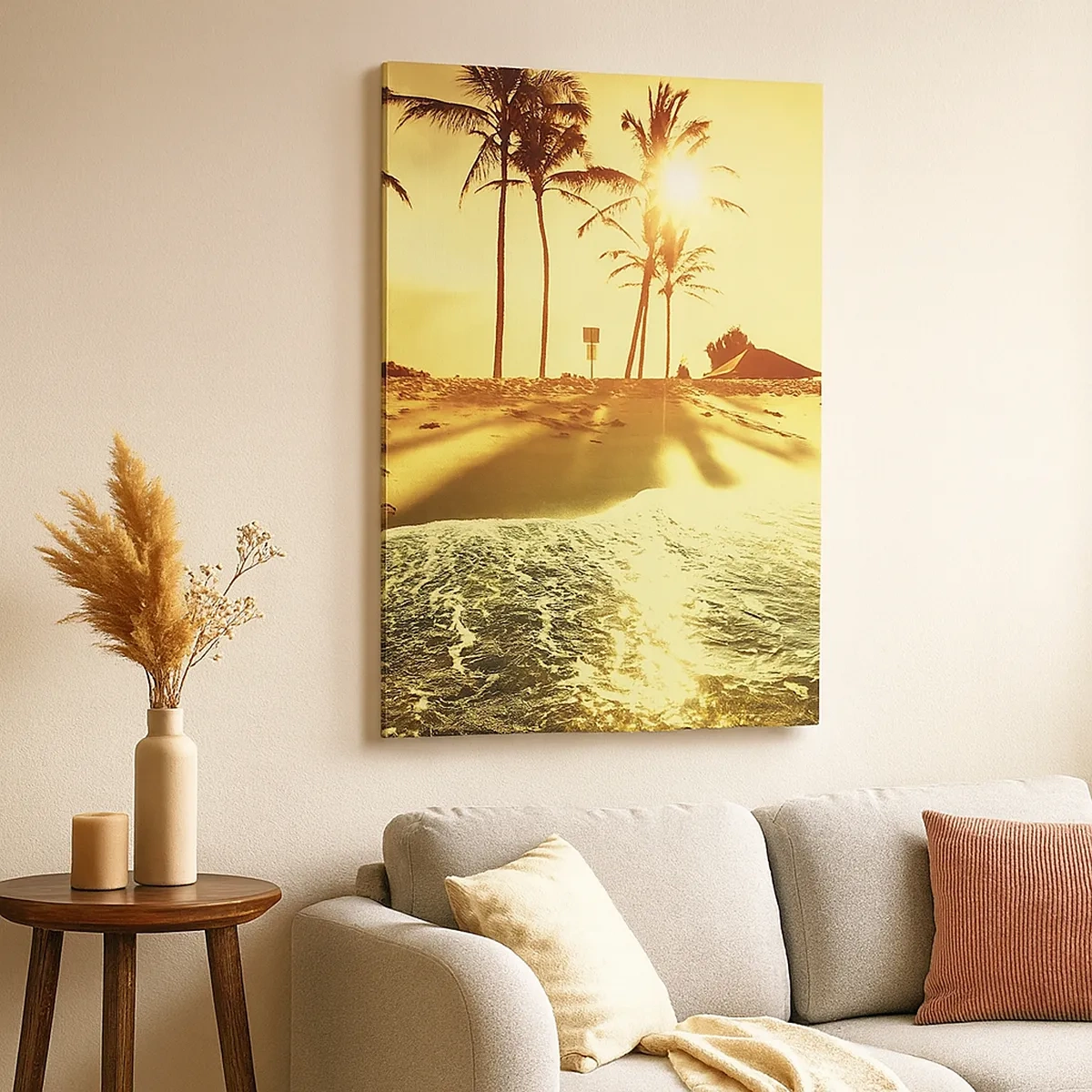 Quadro su tela - Stampe su Tela - Una spiaggia con palme illuminata da un caldo tramonto - 50x70cm - Pomeriggio in California - Decorazione murale moderna per soggiorno e camera da letto ARTTOR
