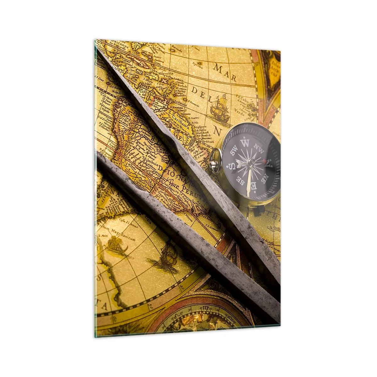 Quadro su vetro - Vecchia mappa con bussola e bussola - 50x70cm - Dove sono questi tesori? - Decorazione murale moderna per soggiorno e camera da letto ARTTOR