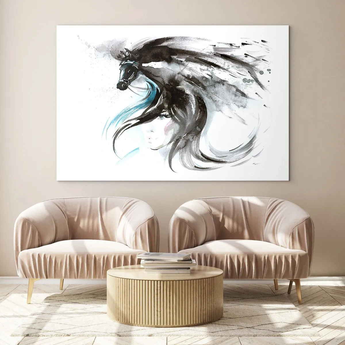 Quadro su vetro - Ritratto di una donna e di un cavallo in una composizione artistica e dinamica - 70x50cm - Il galoppo del Principe Nero - Decorazione murale moderna per soggiorno e camera da letto ARTTOR