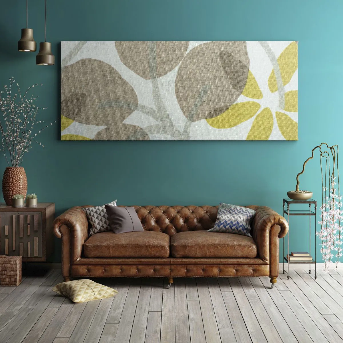Quadro su tela - Stampe su Tela - Foglie astratte nei toni del beige e del giallo - 120x50cm - Composizione sotto al sole - Decorazione murale moderna per soggiorno e camera da letto ARTTOR