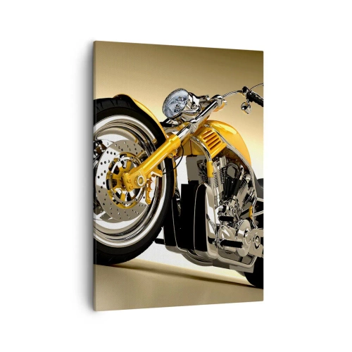 Quadro su tela - Stampe su Tela - Una motocicletta gialla in stile chopper contro un muro beige - 50x70cm - Sogno di forza e di velocità - Decorazione murale moderna per soggiorno e camera da letto ARTTOR