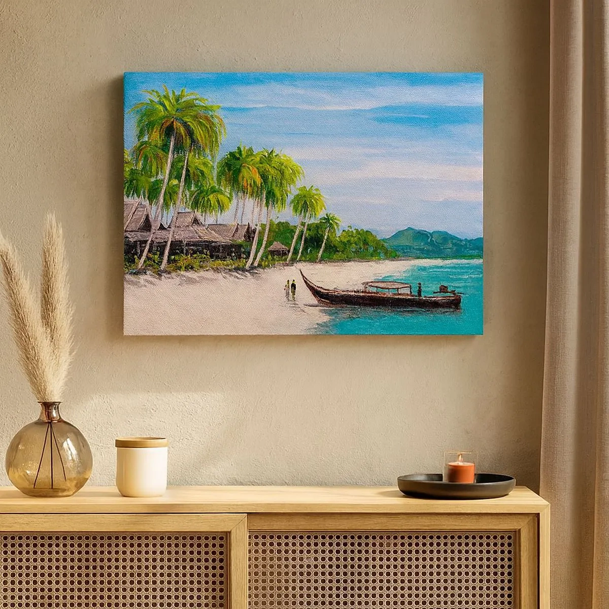 Quadro su tela - Stampe su Tela - Una spiaggia esotica con palme e una barca sulla riva - 70x50cm - Sogno esotico - Decorazione murale moderna per soggiorno e camera da letto ARTTOR