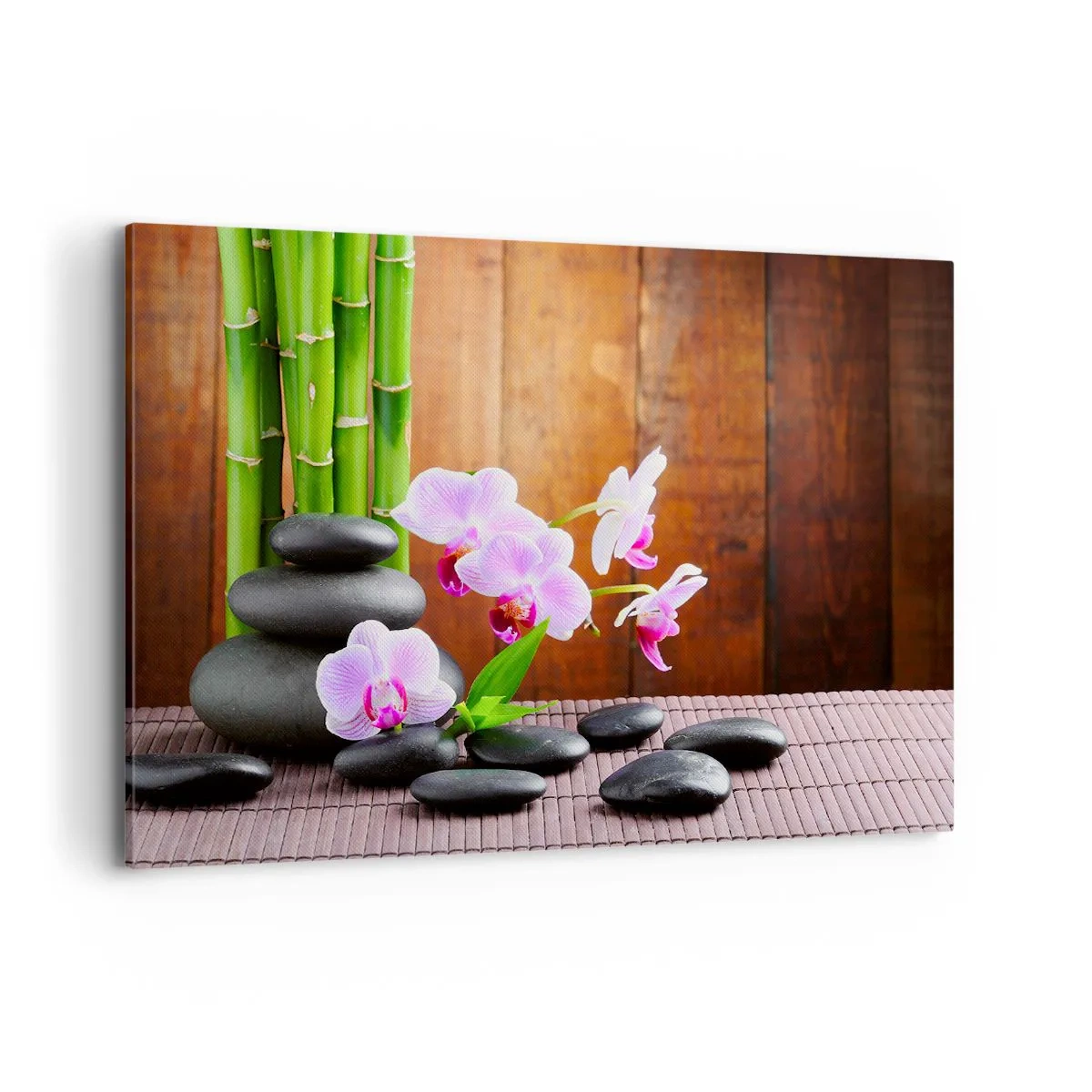 Quadro su tela - Stampe su Tela - Bambù in stile zen, pietre e orchidee rosa su uno sfondo di legno - 120x80cm - Scopri i piaceri dell'oriente - Decorazione murale moderna per soggiorno e camera da letto ARTTOR