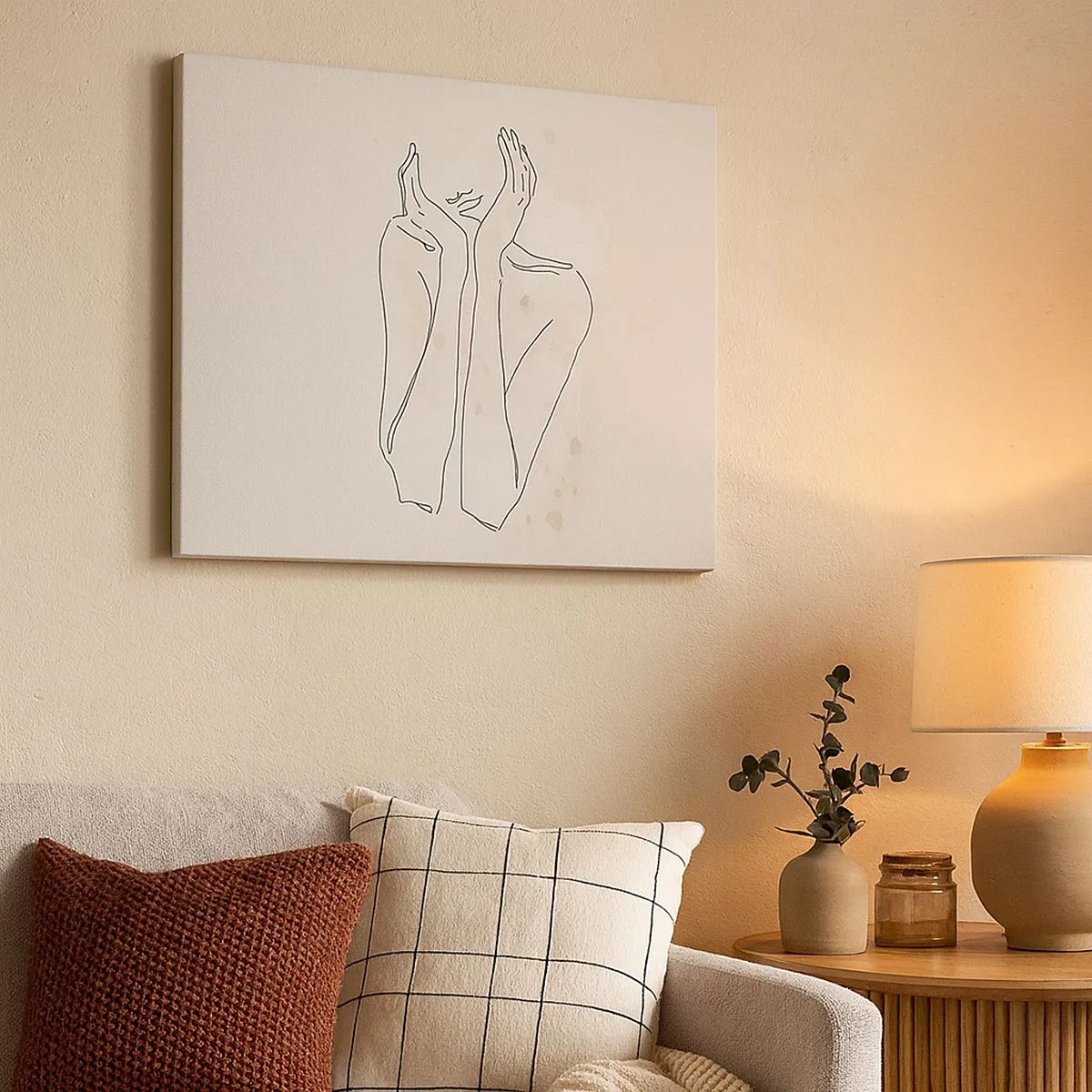 Quadro su tela - Stampe su Tela - Linea di contorno che mostra le mani della donna su uno sfondo chiaro - 70x50cm - Attimo sognante - Decorazione murale moderna per soggiorno e camera da letto ARTTOR