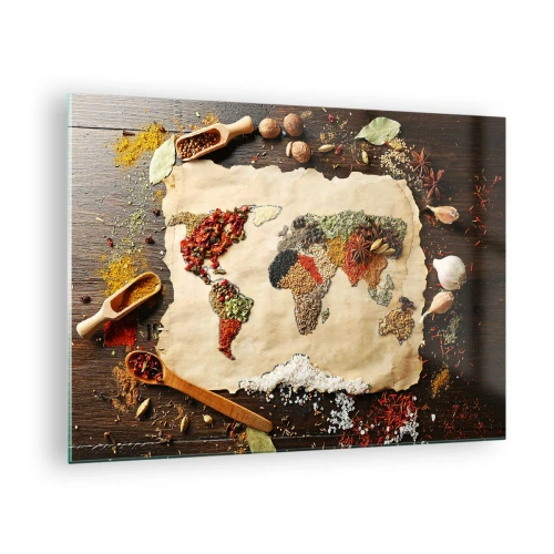 Quadro su vetro - Una mappa del mondo composta da varie spezie su uno sfondo rustico. - 70x50cm - Tutti i gusti del mondo - Decorazione murale moderna per soggiorno e camera da letto ARTTOR