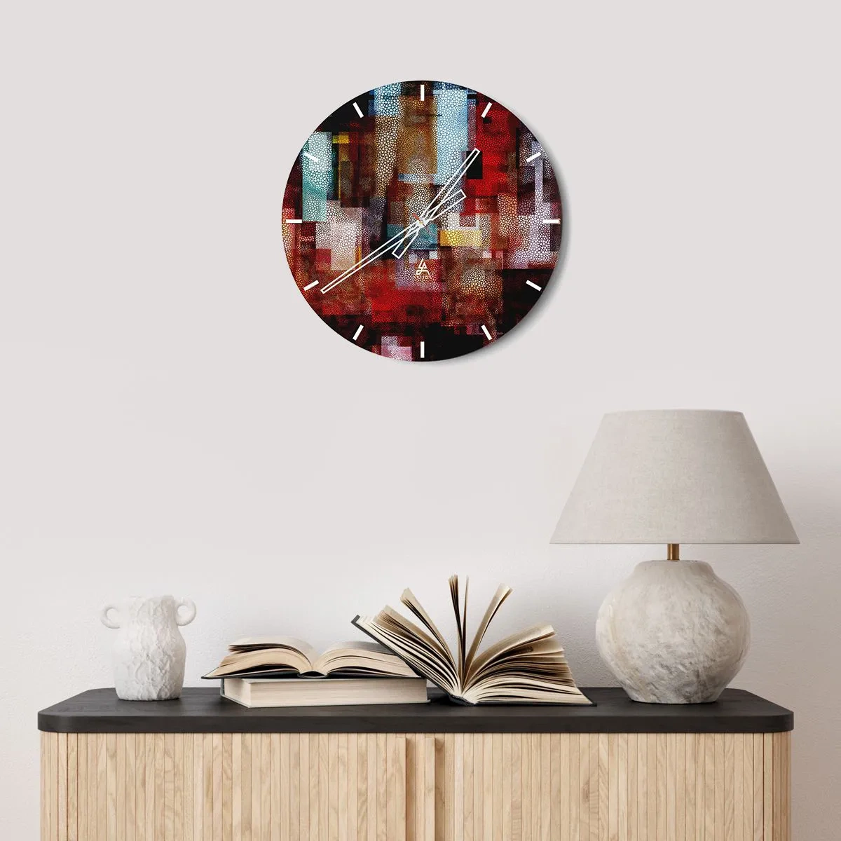 Orologio da parete - Orologio in Vetro - Composizioni astratte nei toni del rosso e dell'oro con motivo geometrico - 30x30cm - Confusione aggrovigliata - Decorazione murale moderna per soggiorno, cucina e camera da letto ARTTOR