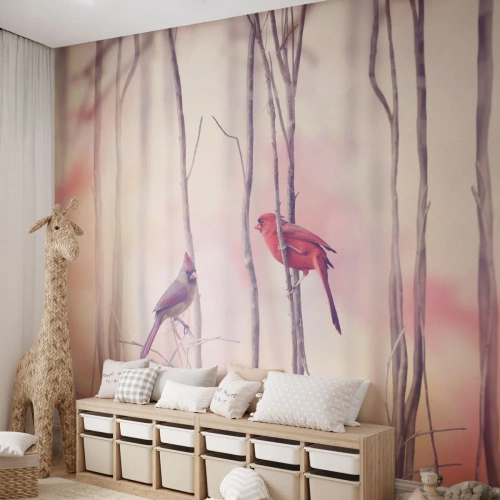 Fotomurali Premium Canvas - Il racconto del bosco rosa - Uccello, Natura, foresta - 300x210 cm