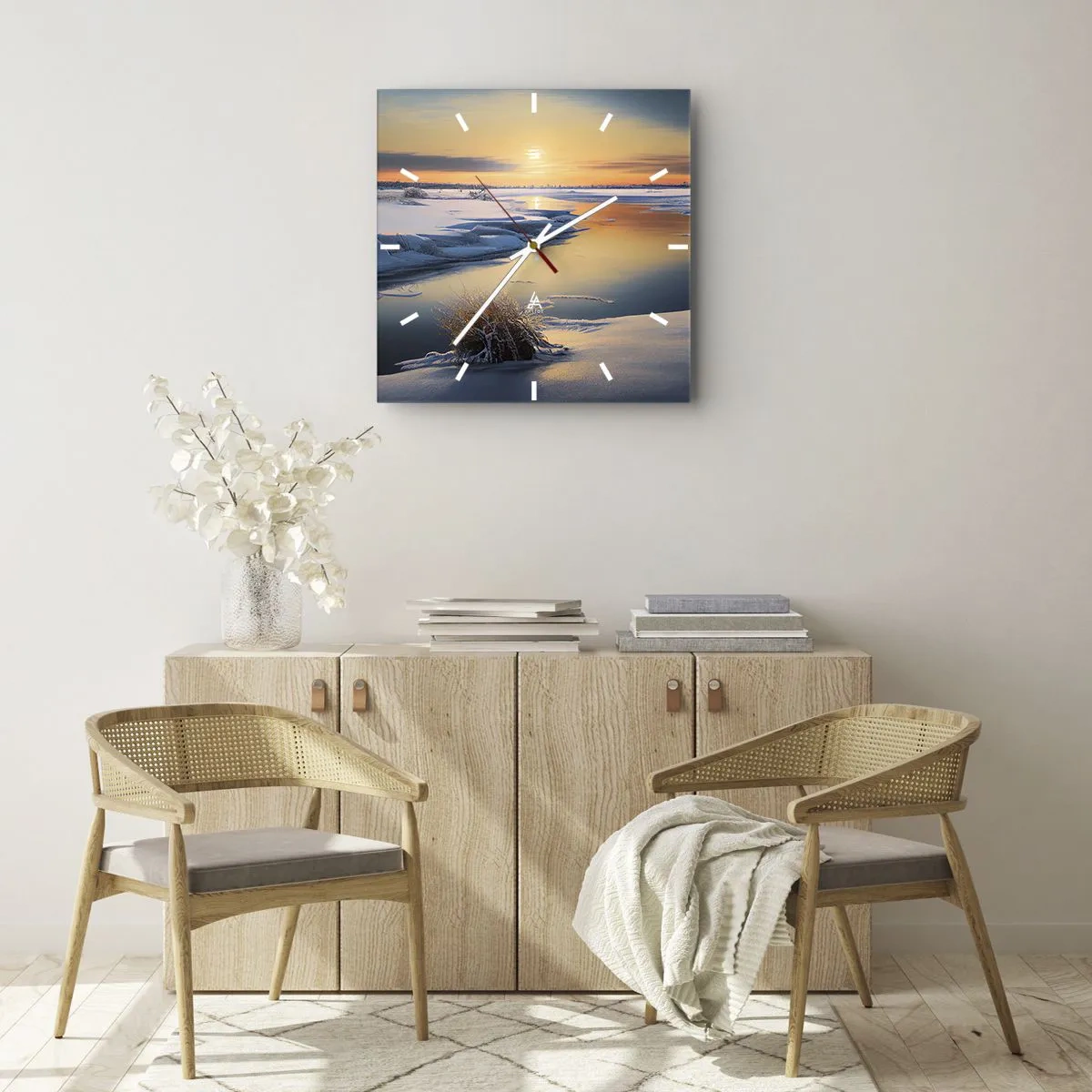 Orologio da parete - Orologio in Vetro - Paesaggio invernale con un fiume al tramonto - 30x30cm - Tramonto invernale - Decorazione murale moderna per soggiorno e camera da letto ARTTOR