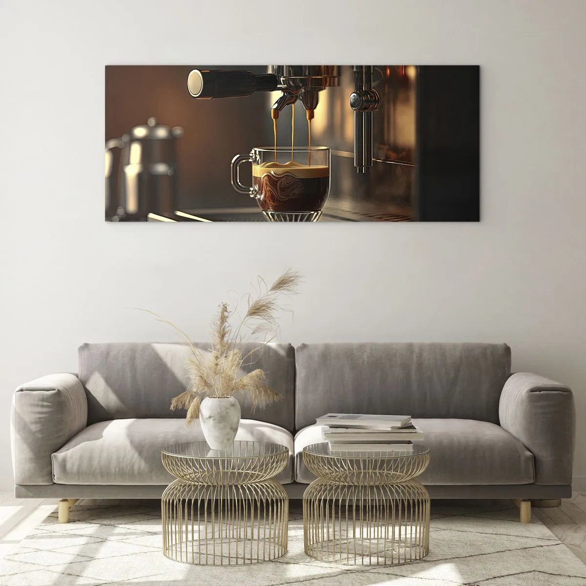 Quadro su vetro - Macchina da caffè con una tazza di espresso aromatico - 120x50cm - Miscela sensuale - Decorazione murale moderna per soggiorno e camera da letto ARTTOR