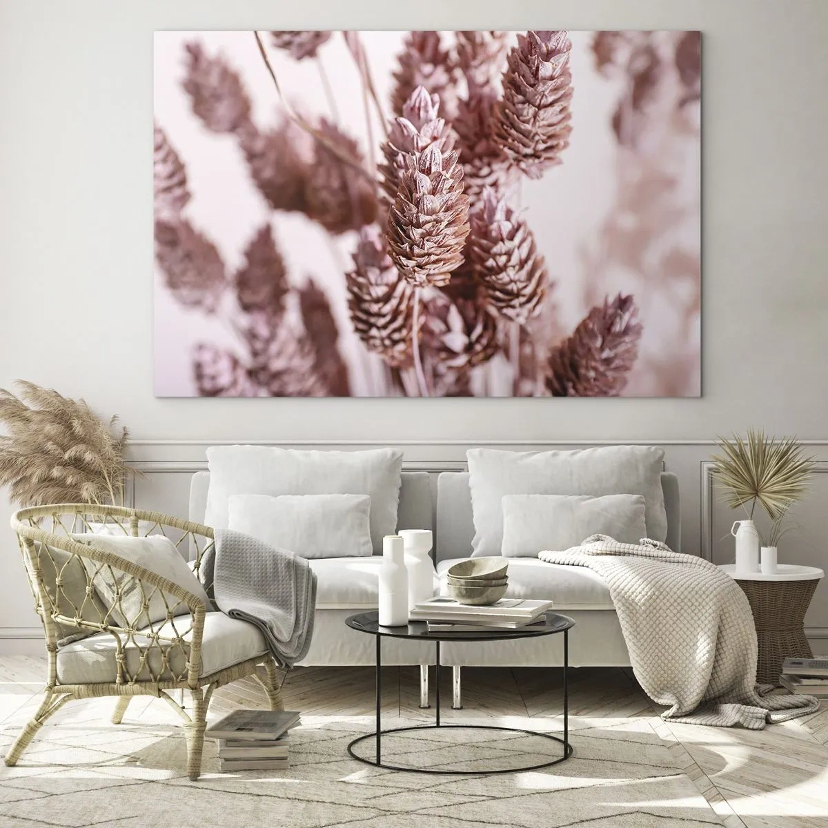 Quadro su vetro - Spighe di erba secca nei toni del rosa cipria - 120x80cm - A prima vista poco appariscenti - Decorazione murale moderna per soggiorno e camera da letto ARTTOR