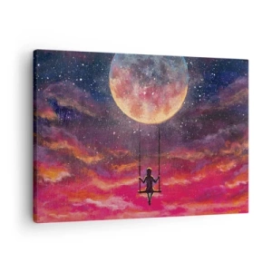 Quadro su tela - Stampe su Tela - Una figura su un'altalena sospesa contro la luna - 70x50cm - Con la testa tra le nuvole - Decorazione murale moderna per soggiorno e camera da letto ARTTOR
