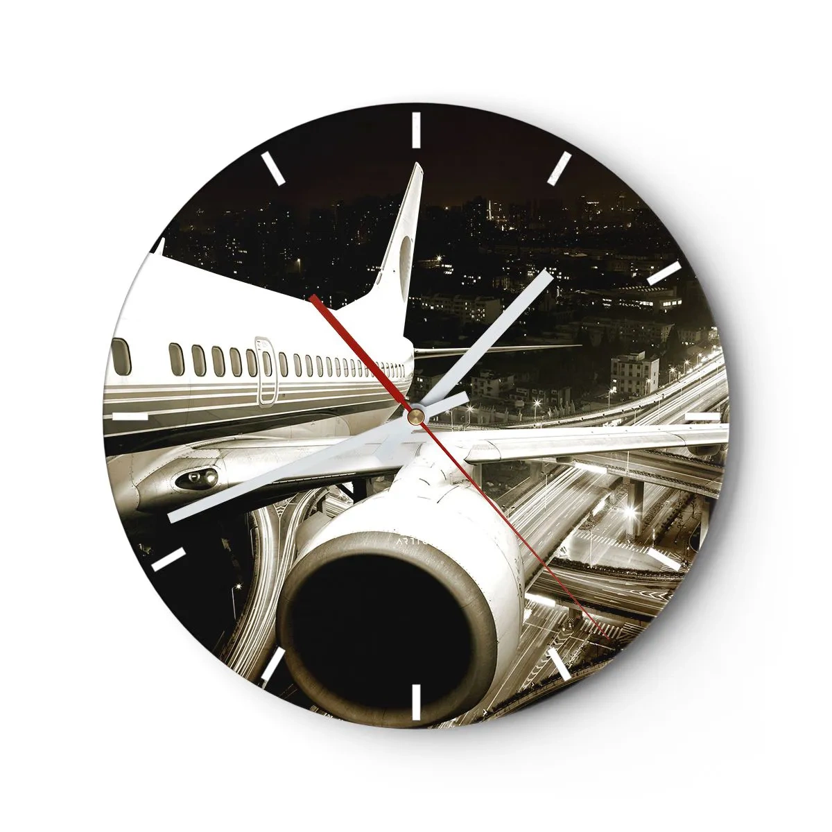 Orologio da parete - Orologio in Vetro - Un aereo sullo sfondo di una città notturna - 30x30cm - Volare di notte - Decorazione murale moderna per soggiorno, cucina e camera da letto ARTTOR