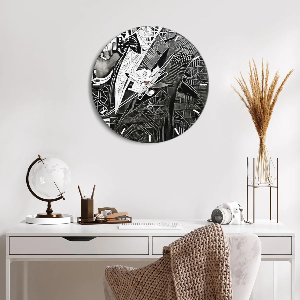 Orologio da parete - Orologio in Vetro - Astrazione in bianco e nero con motivi geometrici complessi - 30x30cm - Solo in apparenza un uomo grigio - Decorazione murale moderna per soggiorno, cucina e camera da letto ARTTOR