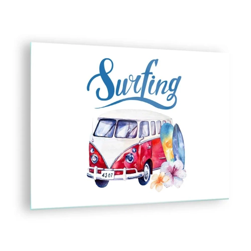 Quadro su vetro - Tema surf con furgone e tavole - 70x50cm - In pulmino a fare surf - Decorazione murale moderna per soggiorno e camera da letto ARTTOR