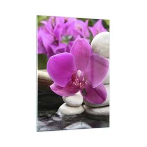 Quadro su vetro - Orchidea viola, pietre e cascata di bambù - 50x70cm - E già ti riposi - Decorazione murale moderna per soggiorno e camera da letto ARTTOR