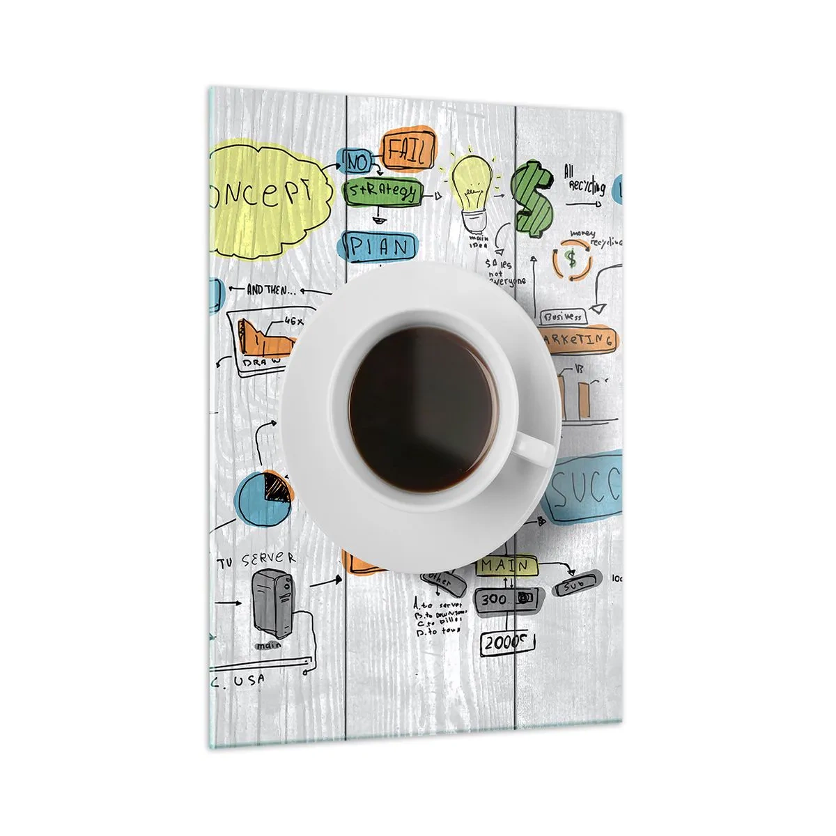 Quadro su vetro - Una tazza di caffè su uno sfondo di diagrammi e disegni concettuali - 50x70cm - Un momento di pausa - Decorazione murale moderna per soggiorno e camera da letto ARTTOR