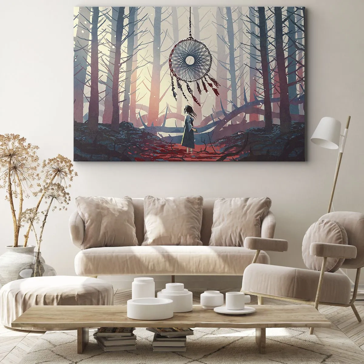Quadro su tela - Stampe su Tela - Scena di foresta con un gigantesco acchiappasogni - 70x50cm - Il rituale segreto della felicità - Decorazione murale moderna per soggiorno e camera da letto ARTTOR