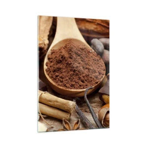 Quadro su vetro - Un cucchiaio di cacao e ingredienti al cioccolato in una disposizione rustica - 80x120cm - Ideale per i momenti di tristezza - Decorazione murale moderna per soggiorno e camera da letto ARTTOR