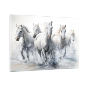 Quadro su vetro - Cavalli bianchi che galoppano nell'acqua in una composizione dinamica - 100x70cm - Magia bianca - Decorazione murale moderna per soggiorno e camera da letto ARTTOR