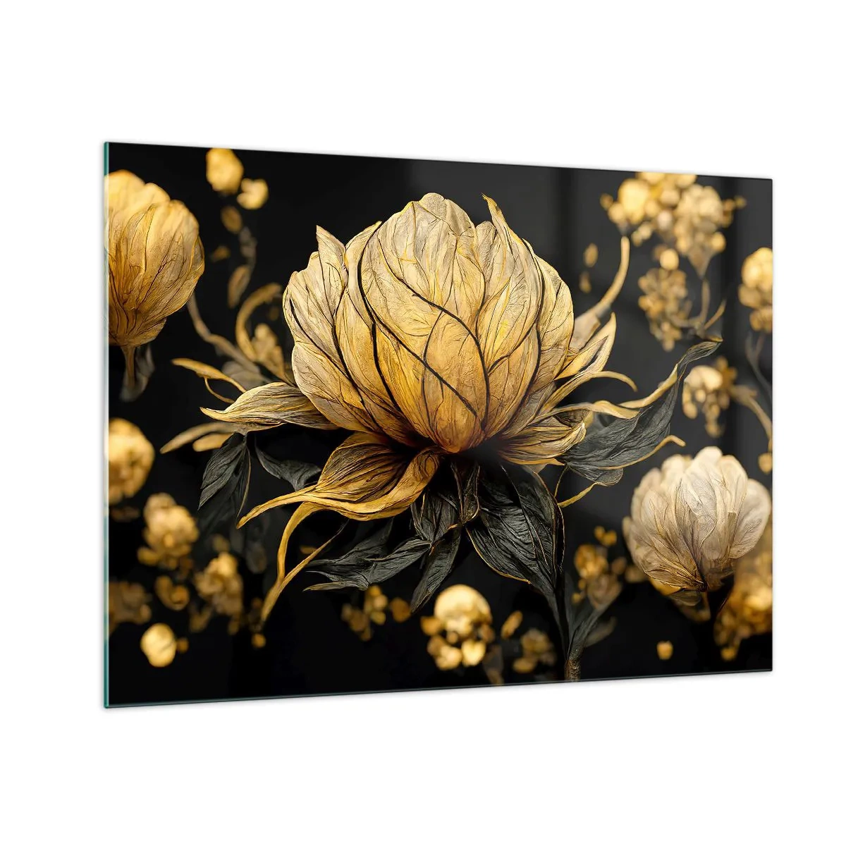 Quadro su vetro - Fiori dorati su sfondo nero in una composizione elegante - 70x50cm - Delicata fragilità - Decorazione murale moderna per soggiorno e camera da letto ARTTOR