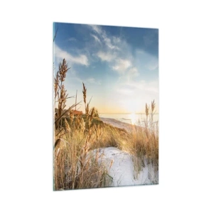 Quadro su vetro - Tramonto su una spiaggia con dune ricoperte d'erba - 50x70cm - Spiaggia del nord - Decorazione murale moderna per soggiorno e camera da letto ARTTOR