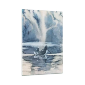 Quadro su vetro - Paesaggio ad acquerello con barche su un lago circondato da una foresta nebbiosa - 70x100cm - I pescatori nel loro paradiso - Decorazione murale moderna per soggiorno e camera da letto ARTTOR