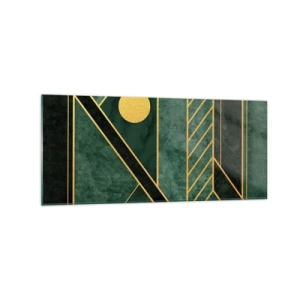 Quadro su vetro - Design geometrico verde e oro con un motivo elegante - 120x50cm - Dinamica di oro e azzurro - Decorazione murale moderna per soggiorno e camera da letto ARTTOR