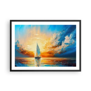 Poster in cornice nera - Una barca a vela sullo sfondo del sole al tramonto e delle nuvole colorate - 70x50cm - Navigando nell'oro - Decorazione murale moderna per soggiorno e camera da letto ARTTOR