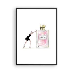 Poster in cornice nera - Illustrazione di una bottiglia di profumo con la silhouette di una donna in abito - 50x70cm - L'essenza della femminilità - Decorazione murale moderna per soggiorno e camera da letto ARTTOR
