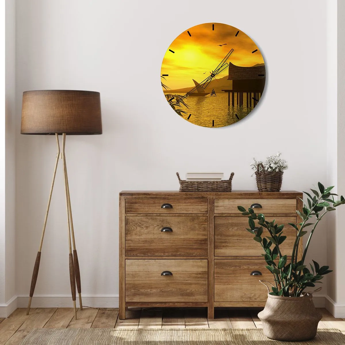 Orologio da parete - Orologio in Vetro - Tramonto sul lago con una casa su palafitte - 30x30cm - Calma desiderata - Decorazione murale moderna per soggiorno, cucina e camera da letto ARTTOR