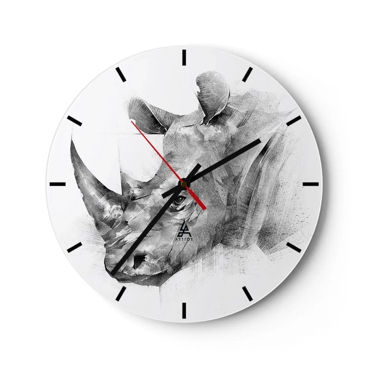 Orologio da parete - Orologio in Vetro - Ritratto in stile schizzo di un rinoceronte - 30x30cm - Ritratto africano - Decorazione murale moderna per soggiorno, cucina e camera da letto ARTTOR