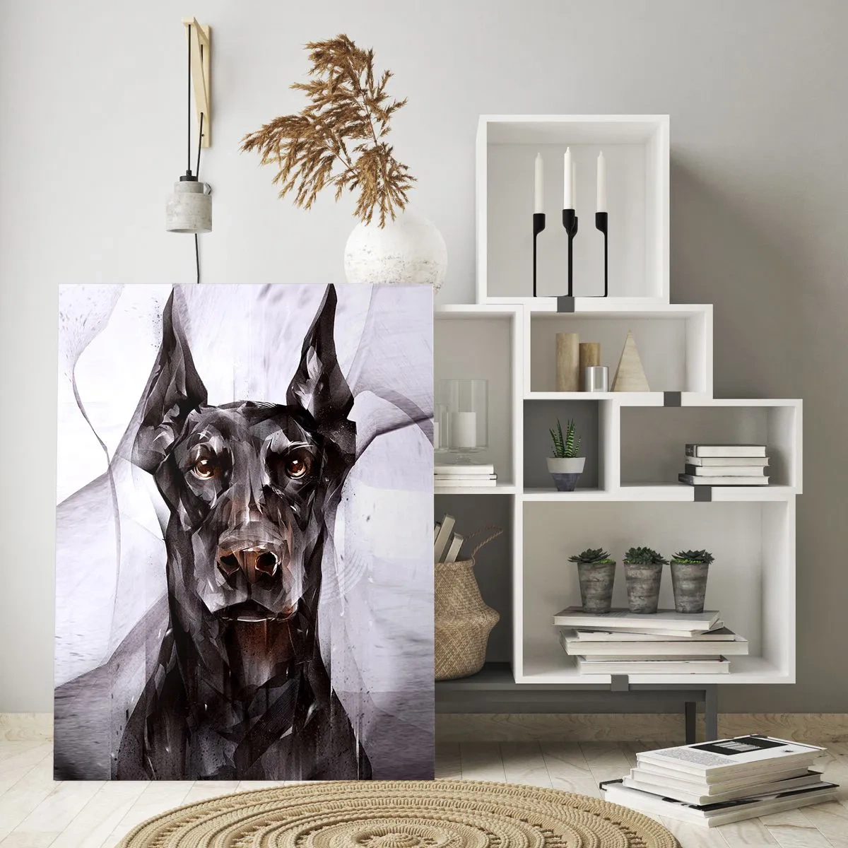 Quadro su vetro - Ritratto di un cane nero in stile astratto su uno sfondo chiaro - 50x70cm - Nobili natali - Decorazione murale moderna per soggiorno e camera da letto ARTTOR