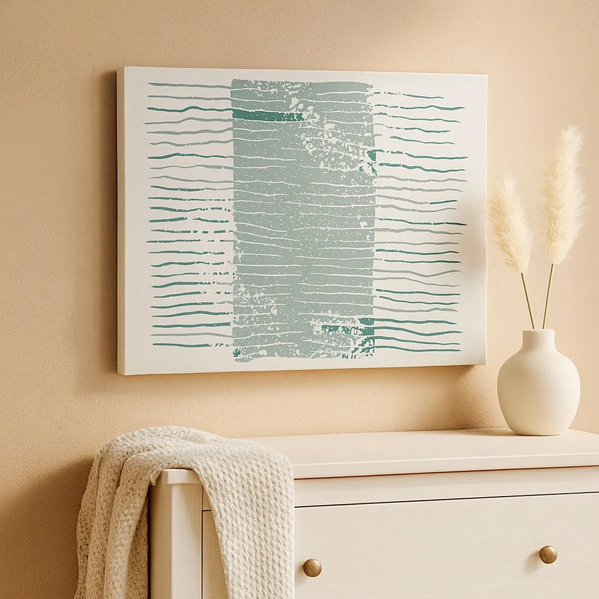 Quadro su tela - Stampe su Tela - Motivo geometrico nei toni del verde mare e del bianco - 70x50cm - Astrazione marina - Decorazione murale moderna per soggiorno e camera da letto ARTTOR