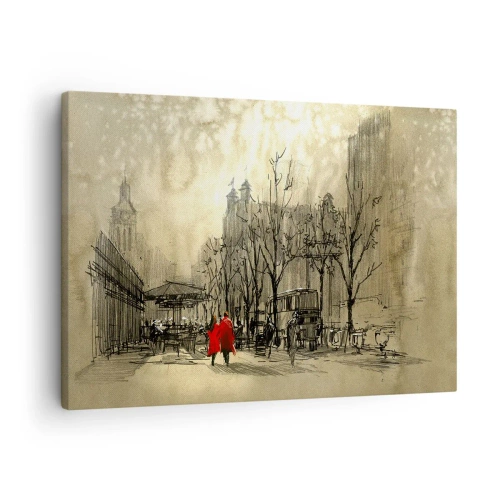 Quadro su tela - Stampe su Tela - Una figura rossa in un nostalgico contesto urbano - 70x50cm - Appuntamento nella nebbia di Londra - Decorazione murale moderna per soggiorno e camera da letto ARTTOR