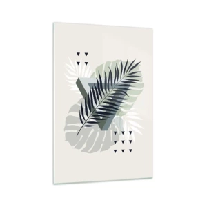 Quadro su vetro - Composizione geometrica con foglie tropicali nei toni del verde - 70x100cm - Natura e geometria: due ordini? - Decorazione murale moderna per soggiorno e camera da letto ARTTOR