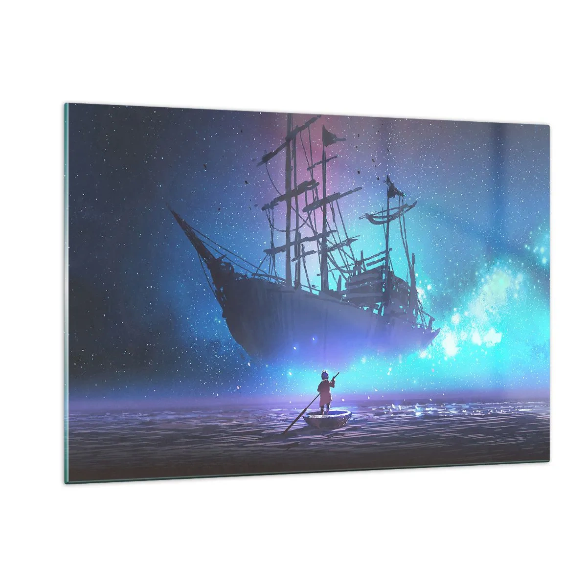 Quadro su vetro - Una nave notturna che galleggia sull'acqua in un'aura magica - 120x80cm - Incontro con il mito del mare - Decorazione murale moderna per soggiorno e camera da letto ARTTOR
