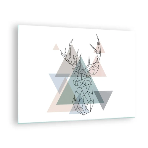 Quadro su vetro - Disegno geometrico di un cervo su uno sfondo di triangoli pastello - 70x50cm - Nel bosco geometrico - Decorazione murale moderna per soggiorno e camera da letto ARTTOR
